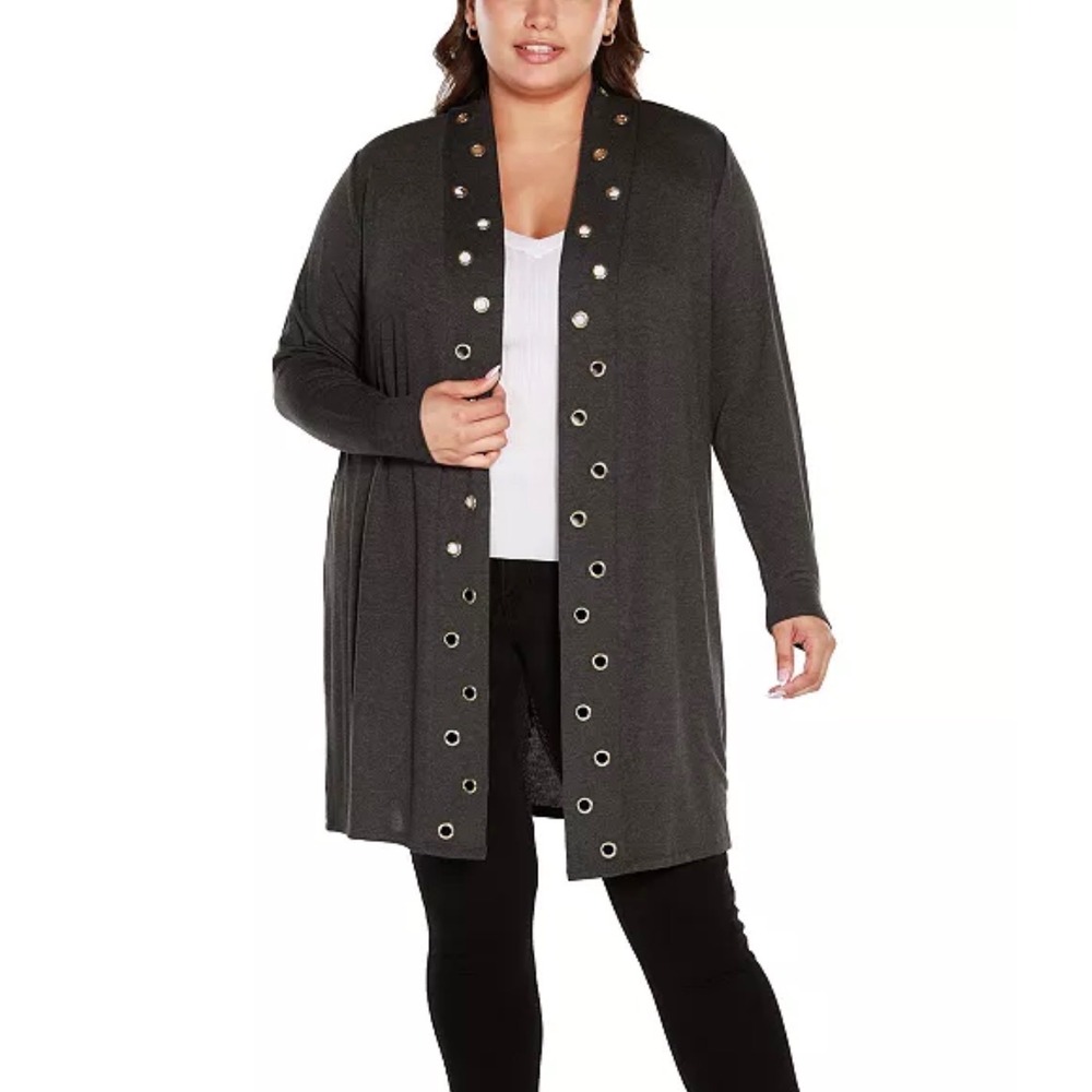 Belldini Long Sleeve Grommet Trim‎ Cardigan Sweater Heather Charcoal Women Small